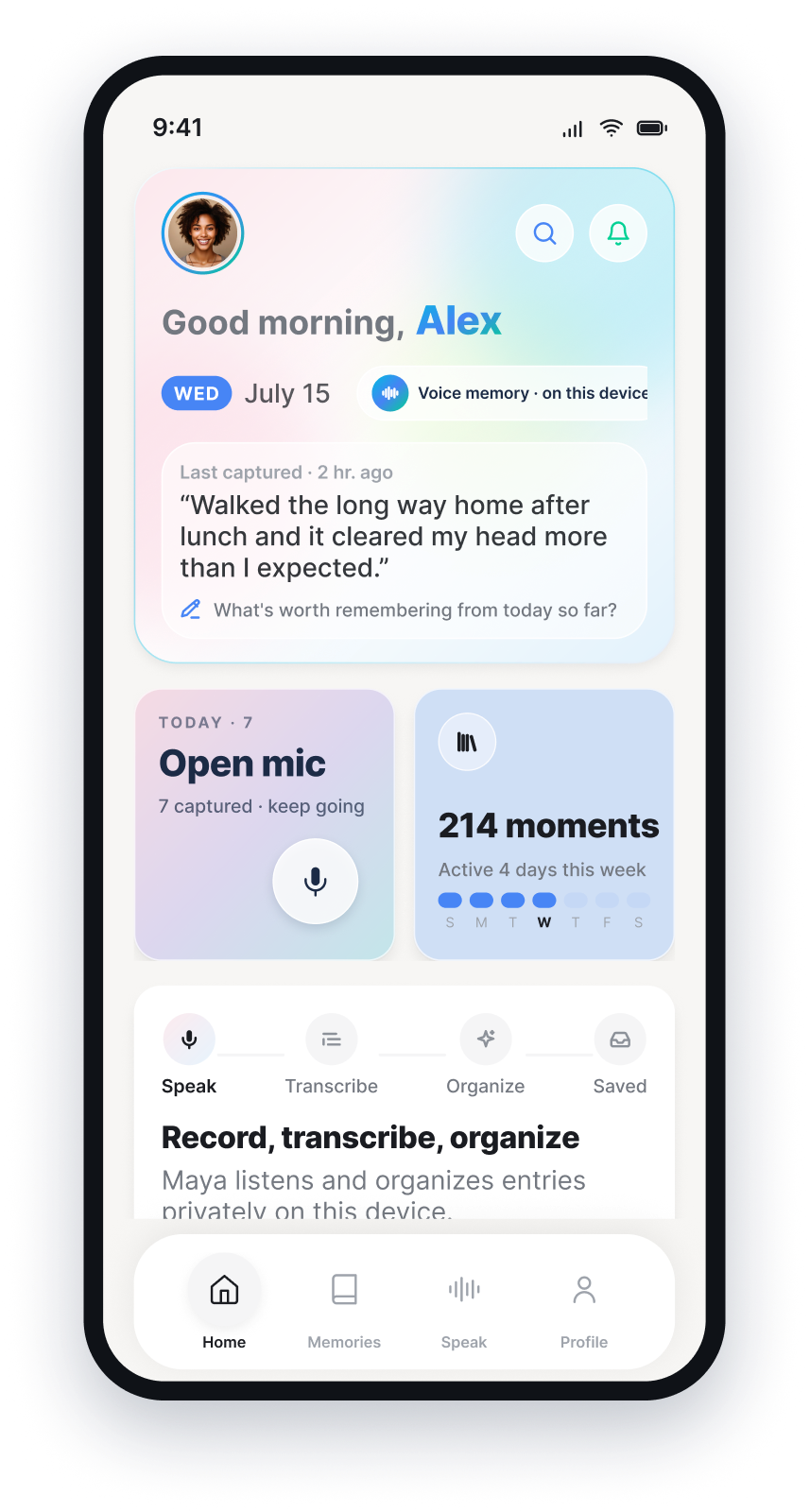 Moments home screen showing a recent voice entry, Open mic, and saved moments