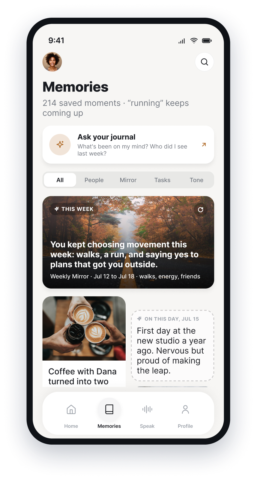 Moments memories screen with Ask your journal, Weekly Mirror, and On This Day